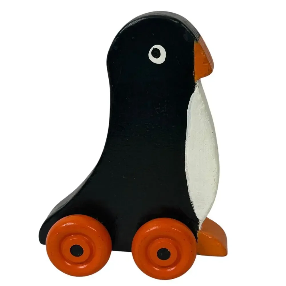 Vintage Wooden Penguin Rolling Push Toy Animal Toy Orange Wheels 4in Montessori‎